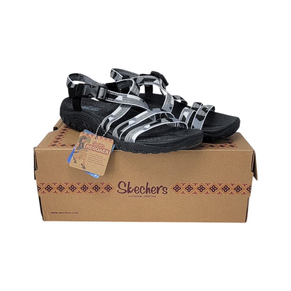 Skechers Reggae Color Fuze Sandals Womens 8 Black White‎ Outdoor Strappy New